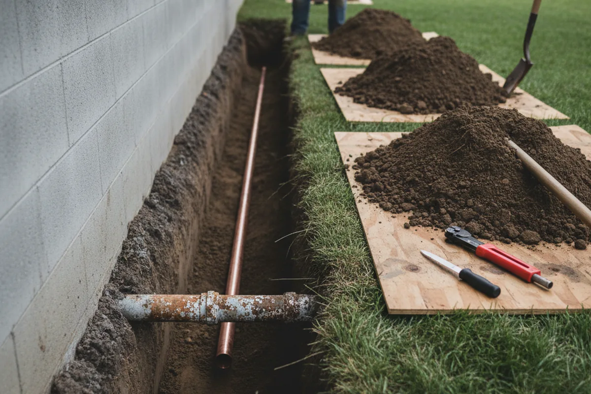 Excavated water line trench during Sewer Line Repair in Boaz